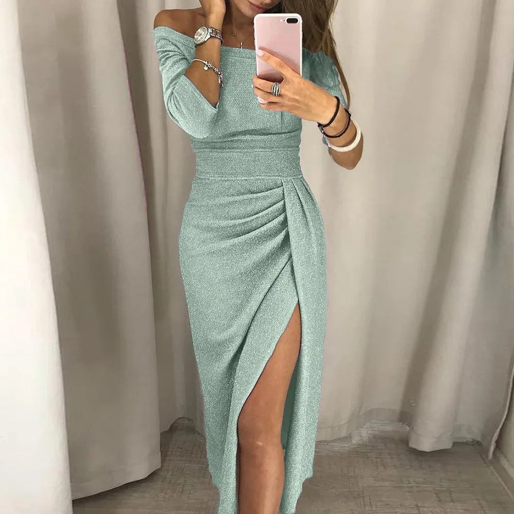 Women's Off-Shoulder Bodycon Dress - Glittery Metallic Finish - Three-Quarter Sleeves - High Slit