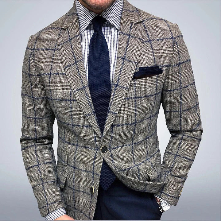 Men's Blazer - Slim Fit Wool Blend - Checkered Pattern - Single Breasted Formal Jacket