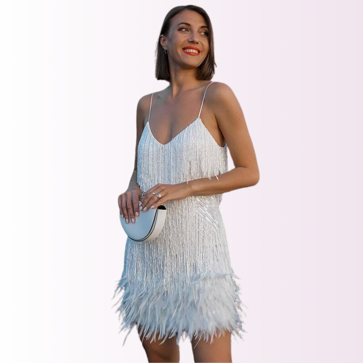 Women's Cocktail Dress - Spaghetti Straps - Fringe & Feather Detailing - Elegant Fit