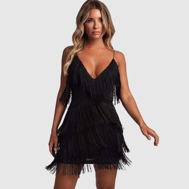 Women’s Mini Dress – Fringe Layered – Bodycon Fit – V-Neck Spaghetti Strap