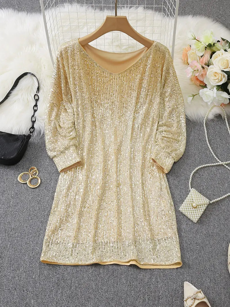 Women’s Mini Dress - Sequin Embellished - Loose Fit - Long Sleeve Elegant Party Wear