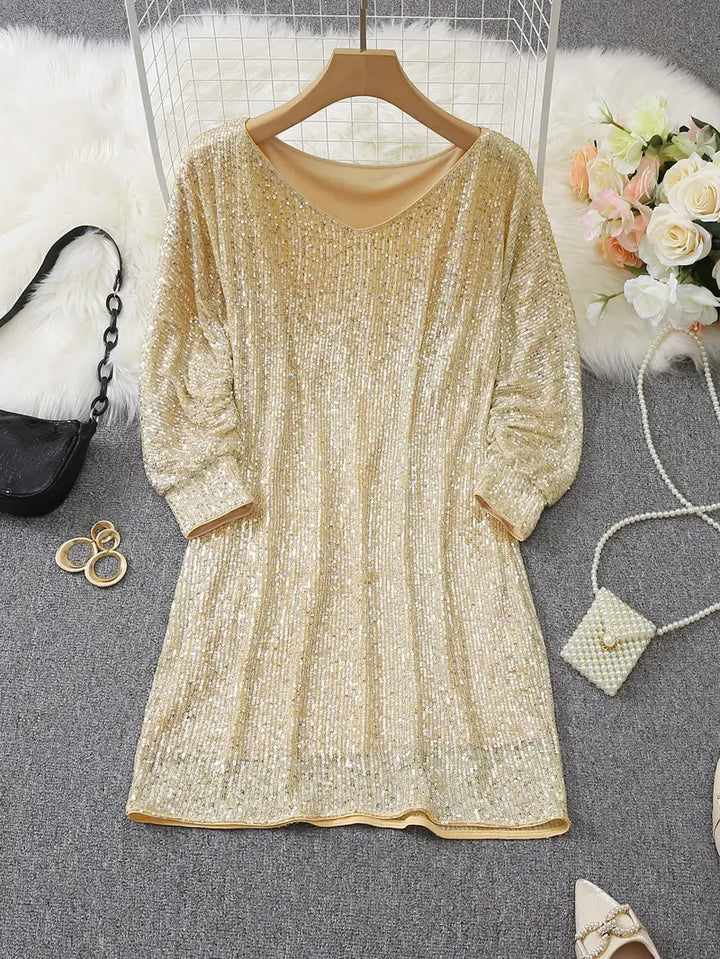 Women’s Mini Dress - Sequin Embellished - Loose Fit - Long Sleeve Elegant Party Wear