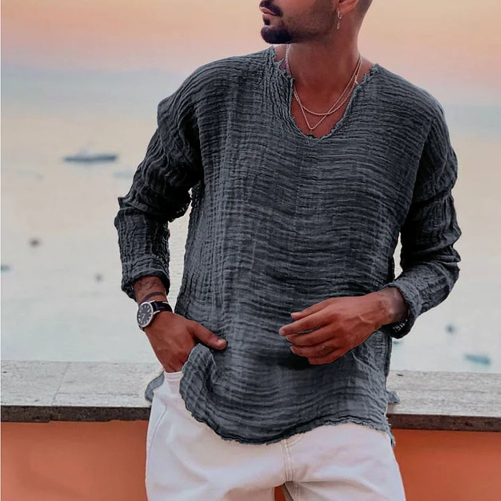 Men’s V-Neck Shirt – Relaxed Fit – Long Sleeve – Crinkled Texture – Breathable Blend
