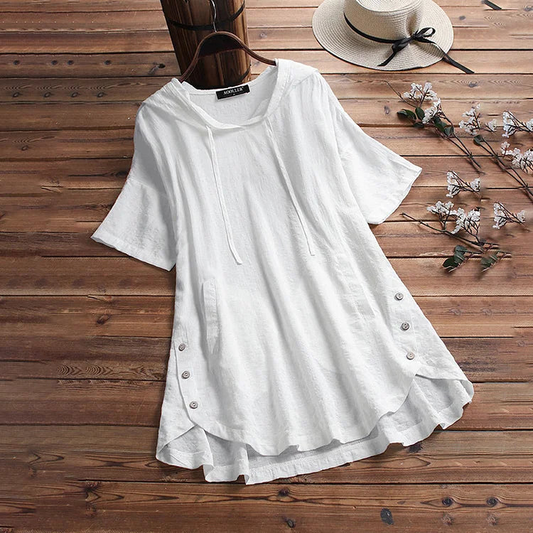 Women’s T-Shirt – Relaxed Fit – Soft Breathable Blend – Round Neck – Drawstring Detail