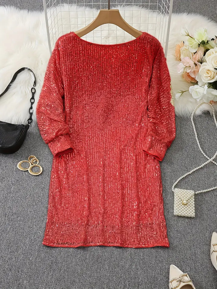 Women’s Mini Dress - Sequin Embellished - Loose Fit - Long Sleeve Elegant Party Wear