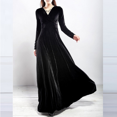 Women’s Evening Dress – Velvet – A-Line Fit – Deep V-Neck – Long Sleeve Elegant Gown