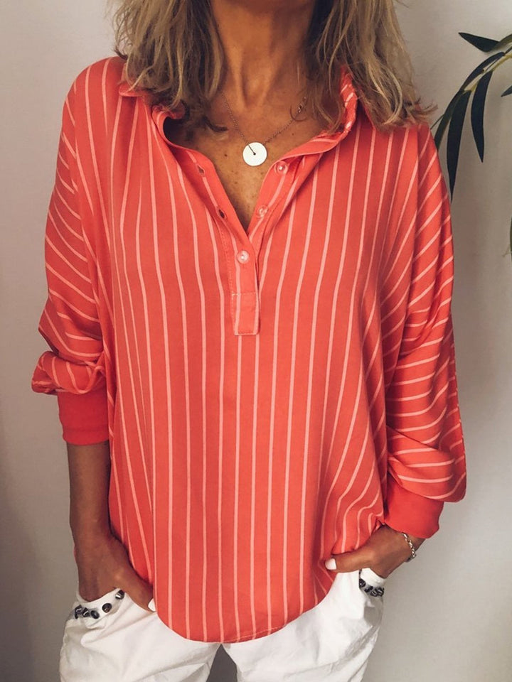 Women’s Collared Shirt – Relaxed Fit – Vertical Stripes – Breathable Blend – Long Sleeve