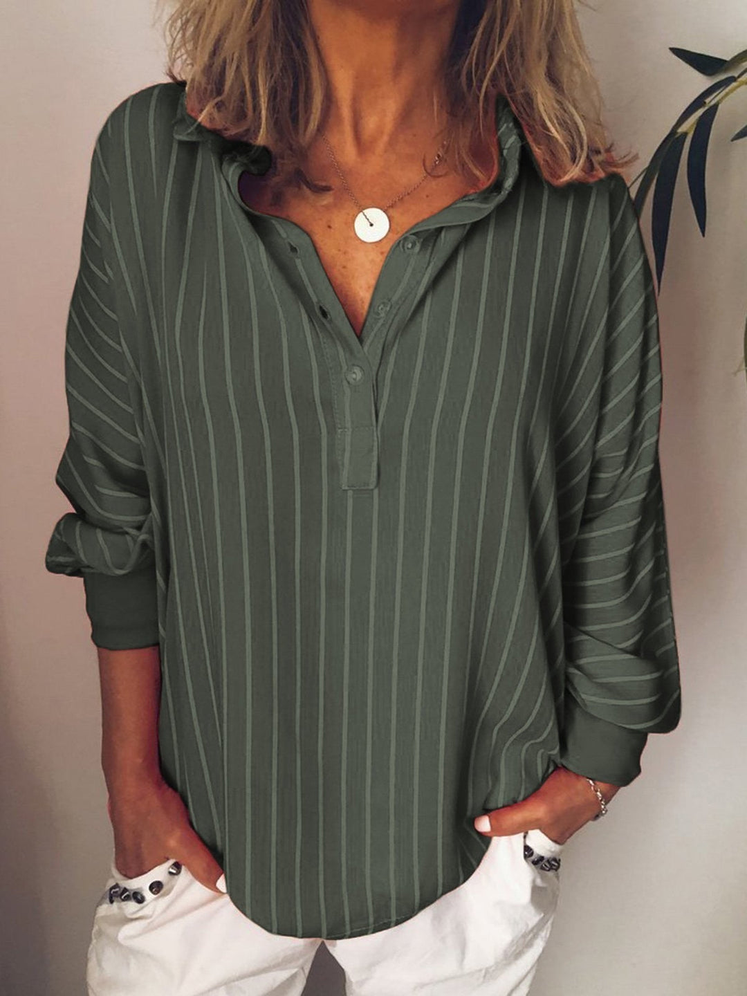 Women’s Collared Shirt – Relaxed Fit – Vertical Stripes – Breathable Blend – Long Sleeve