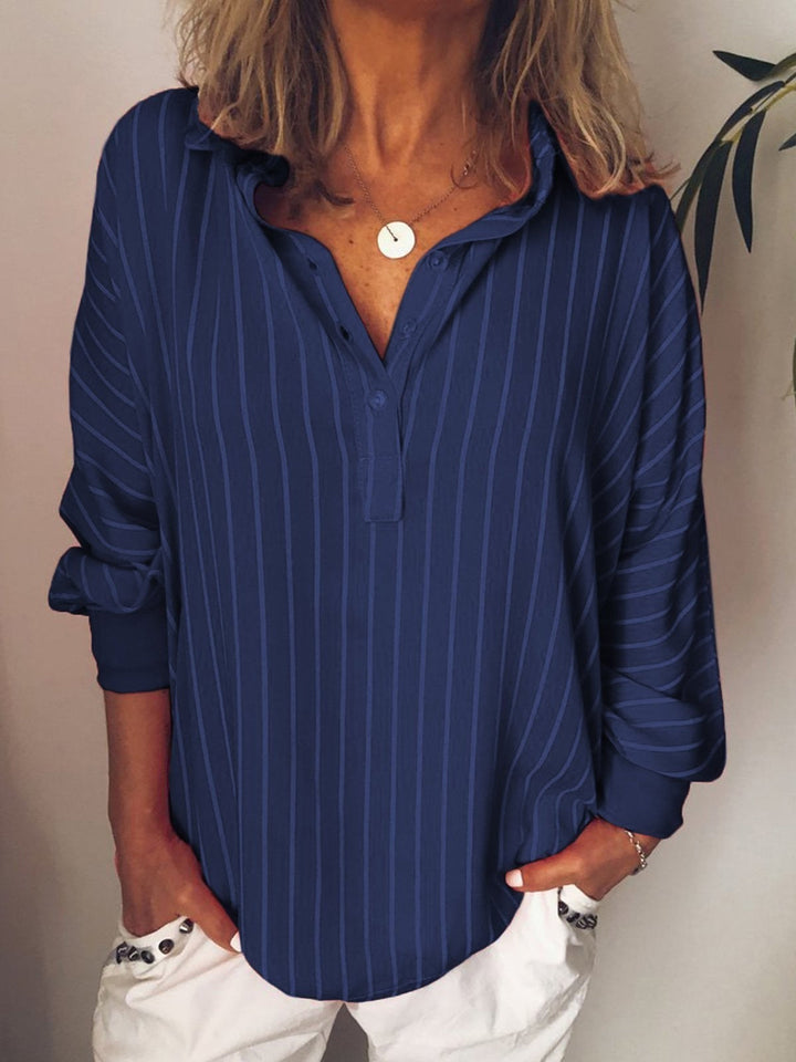 Women’s Collared Shirt – Relaxed Fit – Vertical Stripes – Breathable Blend – Long Sleeve