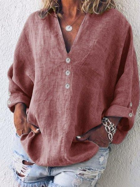 Women’s Blouse – Oversized Fit – V-Neck Button Front – Long Sleeve – Breathable Blend