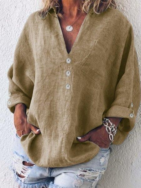 Women’s Blouse – Oversized Fit – V-Neck Button Front – Long Sleeve – Breathable Blend