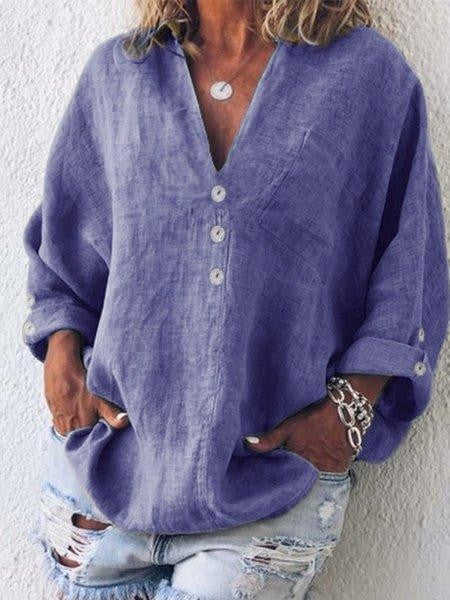 Women’s Blouse – Oversized Fit – V-Neck Button Front – Long Sleeve – Breathable Blend
