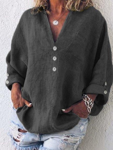 Women’s Blouse – Oversized Fit – V-Neck Button Front – Long Sleeve – Breathable Blend