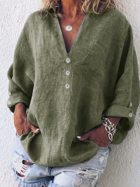 Women’s Blouse – Oversized Fit – V-Neck Button Front – Long Sleeve – Breathable Blend