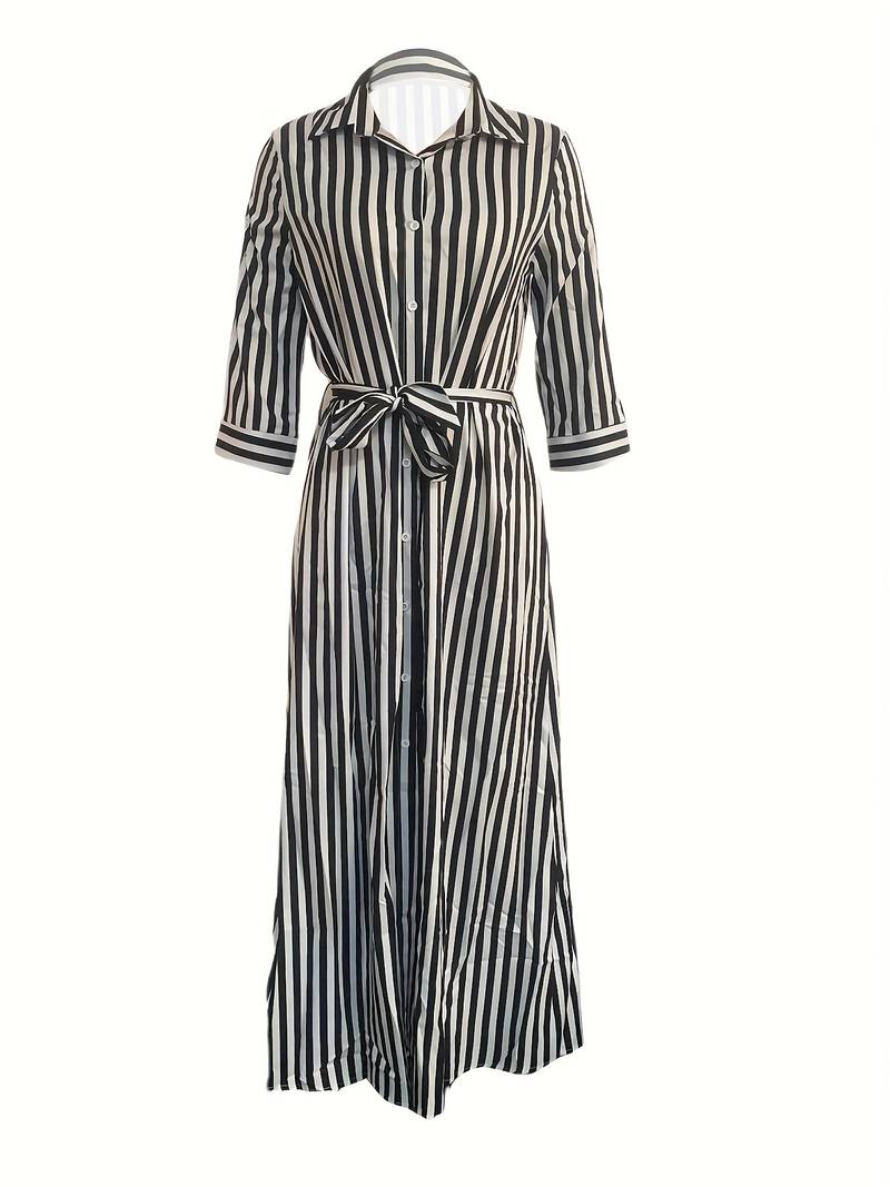 Women's Maxi Dress - Button Down - 3/4 Sleeve - Waist Tie - Front Slit - Striped