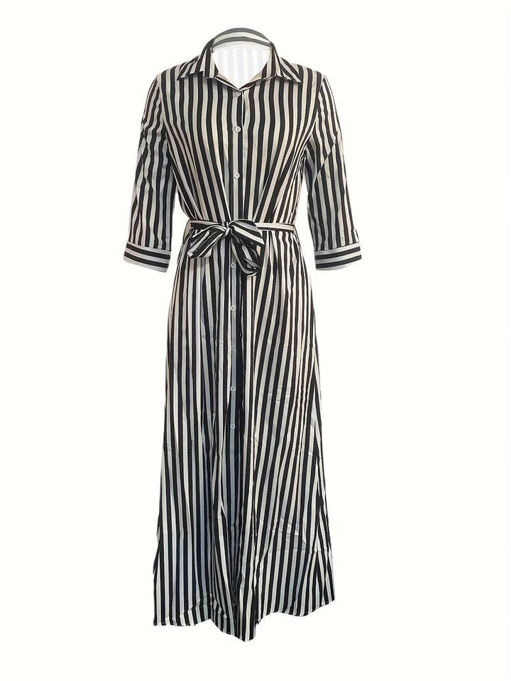 Women's Maxi Dress - Button Down - 3/4 Sleeve - Waist Tie - Front Slit - Striped