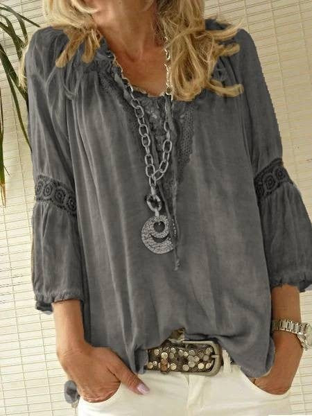 Women’s Blouse – Lace Appliqué – Relaxed Fit – 3/4 Sleeve – Breathable Blend Casual Top