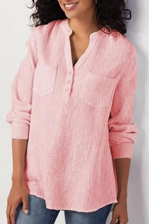 Women’s Blouse – Relaxed Fit – Soft Textured – Long Sleeve – Chest Pockets – Button Front