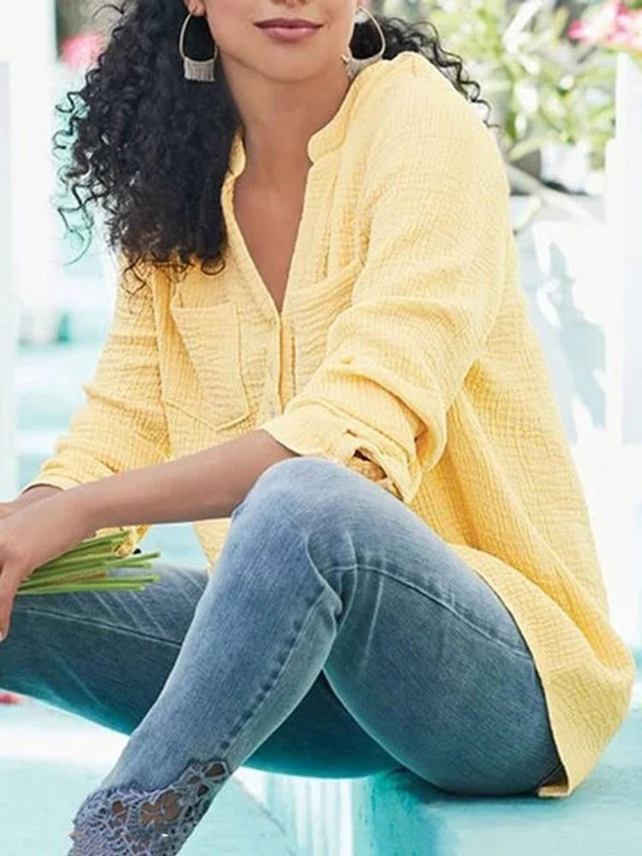 Women’s Blouse – Relaxed Fit – Soft Textured – Long Sleeve – Chest Pockets – Button Front