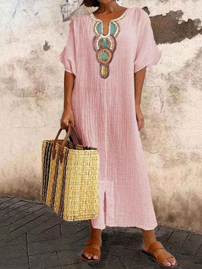Women’s Kaftan Dress – Relaxed Fit – Embroidered Neckline – Breathable Blend Fabric