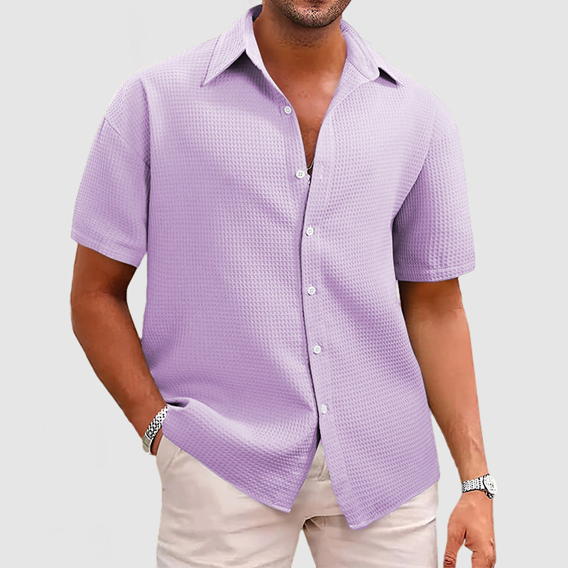Men’s Short Sleeve Shirt - Relaxed Fit - Soft Waffle Knit - Button-Up Casual Style