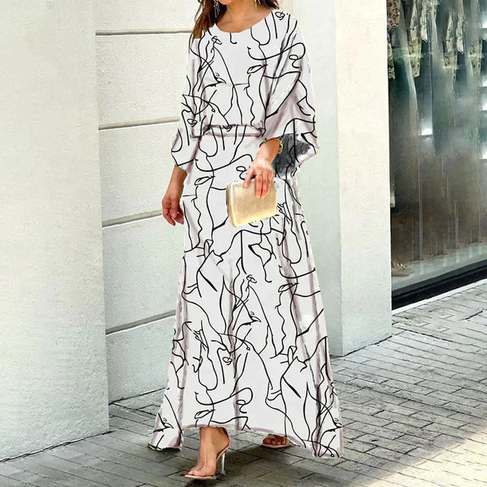 Women's Maxi Dress - Abstract Print - Relaxed Fit - Three-Quarter Sleeve - Flowy Elegant Style