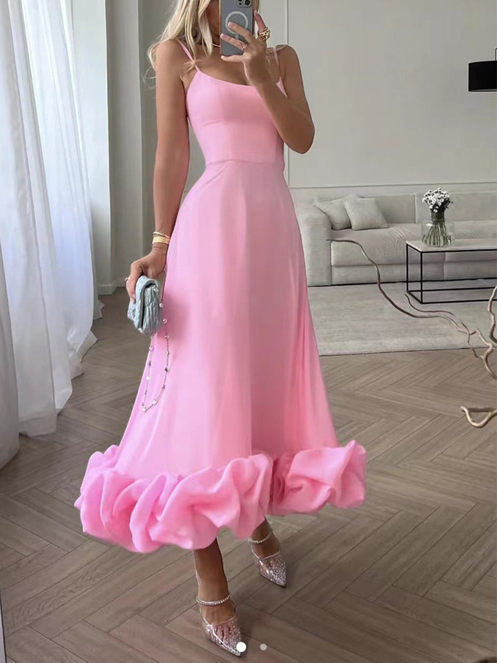 Women's Evening Dress - Spaghetti Straps - A-Line Silhouette - Ruffled Hem Elegant Look