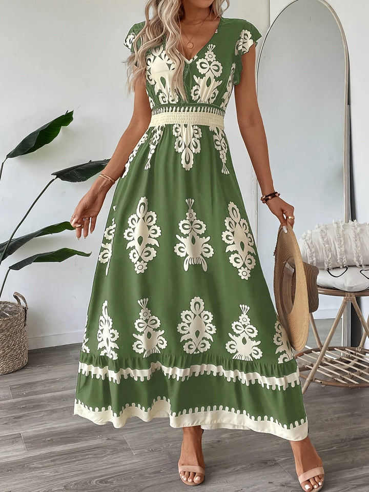 Women's Maxi Dress - V-Neck - Cap Sleeve - Smocked Waist - Flowing Elegant Fit