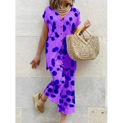 Women's Maxi Dress - Flowy Loose Fit - V-Neck Button Down - Short Sleeve Casual Wear