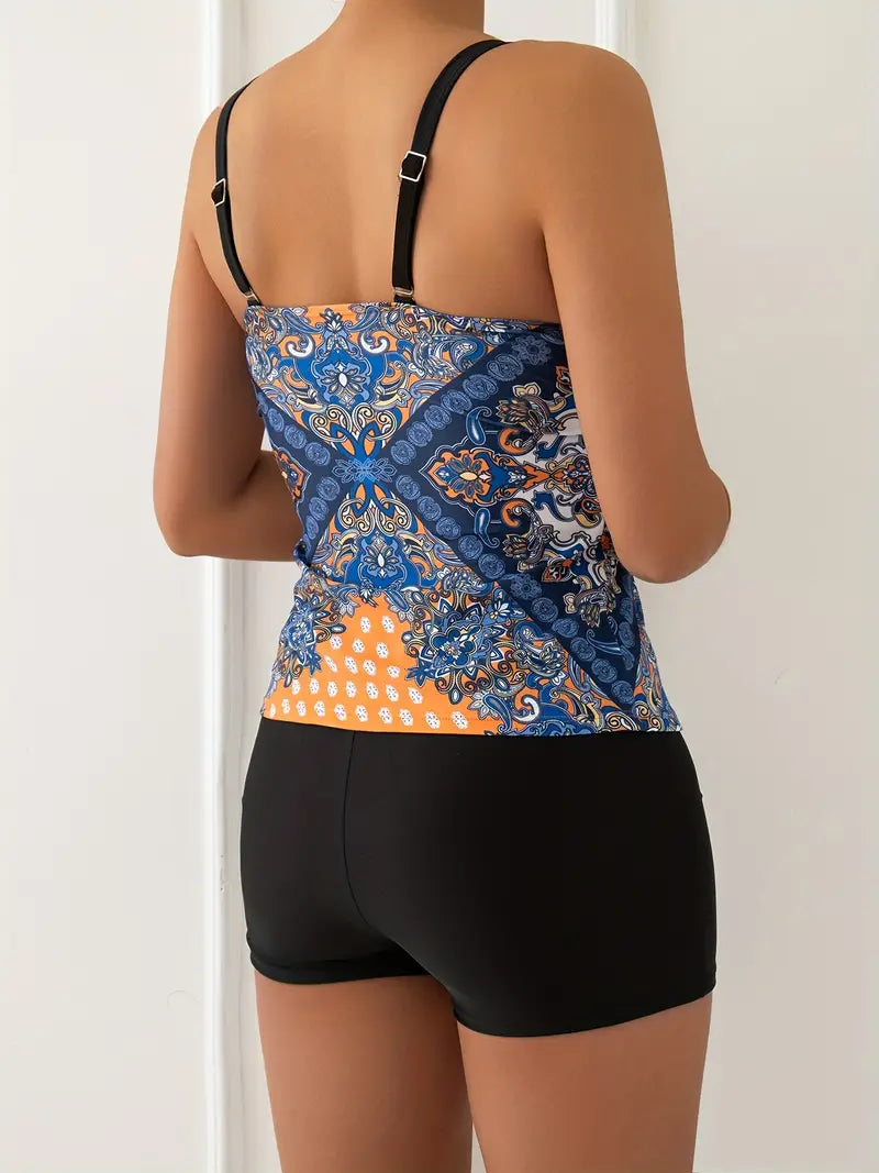 Women’s Tankini Set – Snug Fit – Adjustable Straps – Tribal Print – Mid-Thigh Shorts