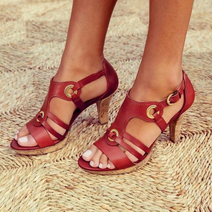 Women’s Sandals – Open Toe Block Heel – Cork Sole – Modern Multi-Strap with Grommets