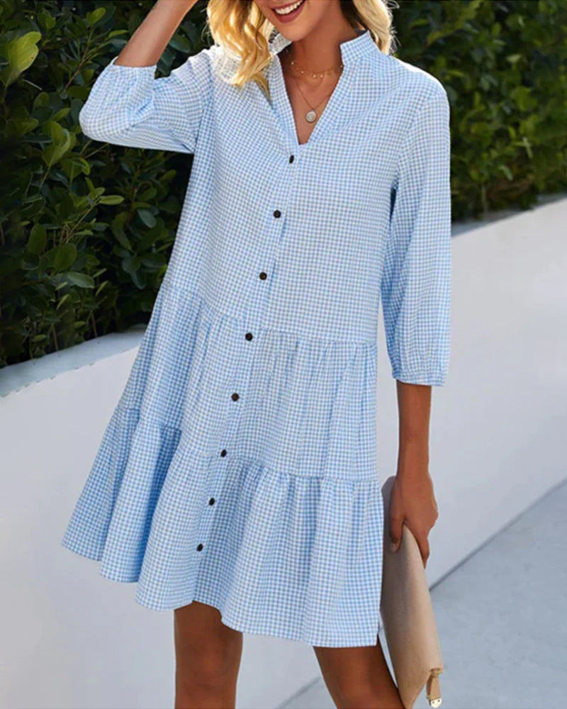 Women’s A-Line Dress – Natural Fibers – Checked Pattern – Tiered Hem – Button Front – 3/4 Sleeve