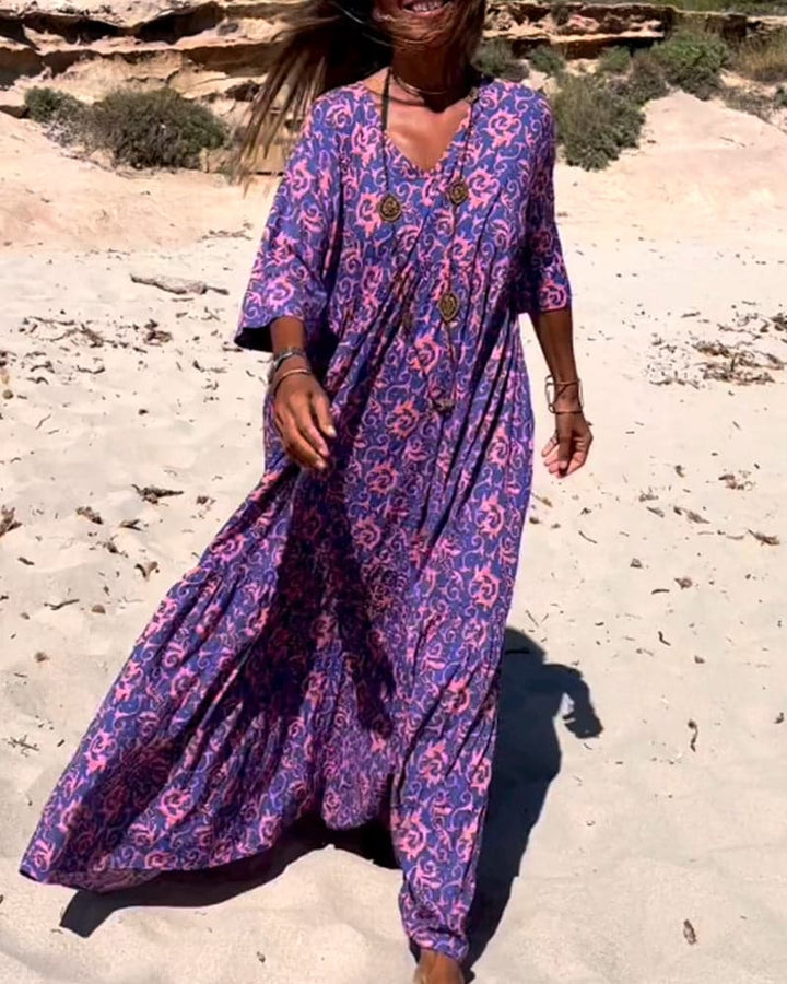 Women’s Maxi Dress – Loose Fit – Breathable Blend – V-Neck – Boho Style – Elbow Sleeve