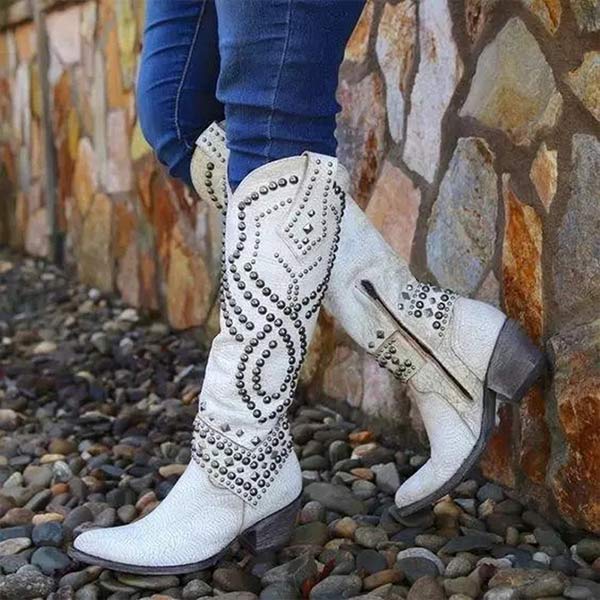 Women’s Knee-High Boots – Rivet Detail – Thick Heel – Side Zipper
