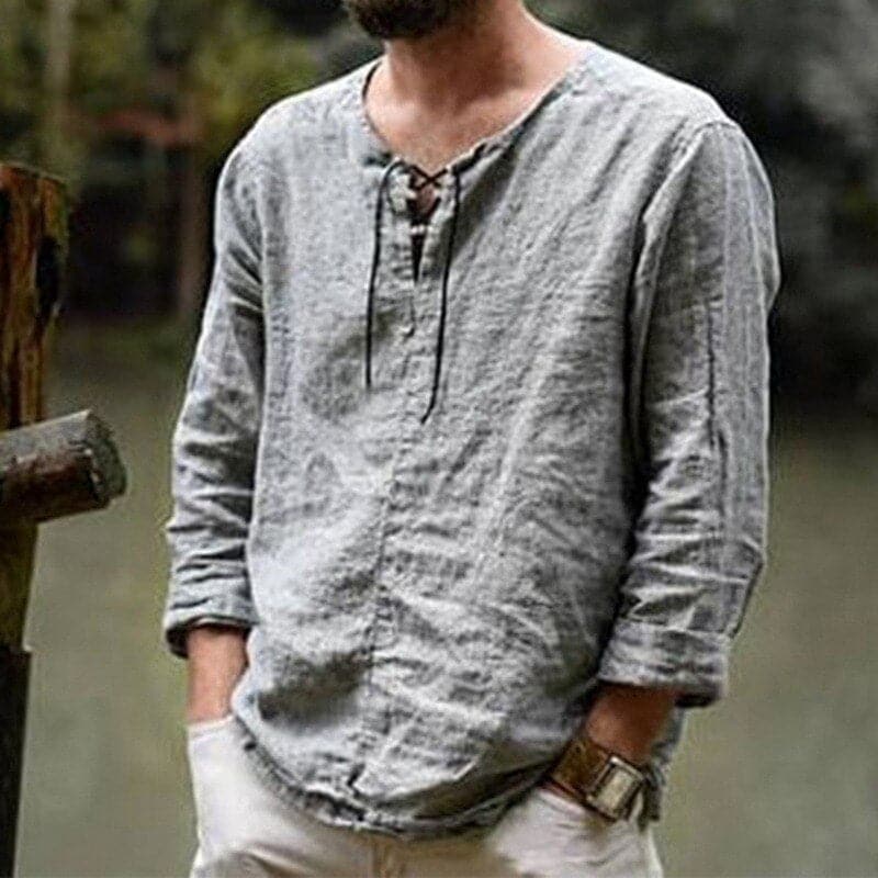 Men’s Long Sleeve Shirt – Natural Fibers – Relaxed Fit – Lace-Up Neckline Casual Style