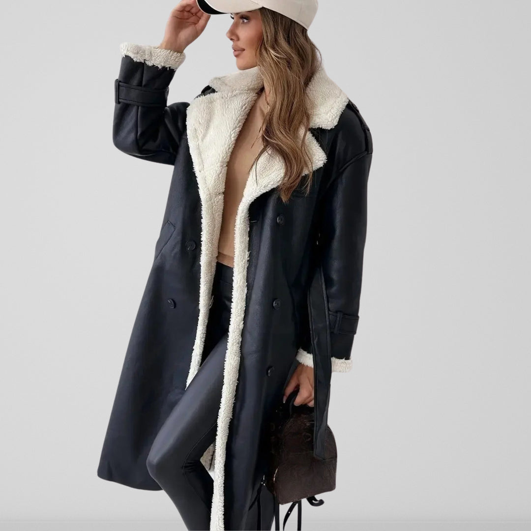 Women's Belted Trench Coat – Oversized Fit – Shearling Lined – Double Breasted Closure