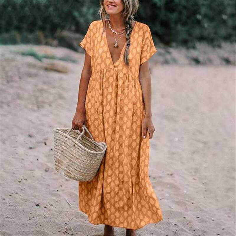 Women’s Maxi Dress - Natural Fibers - Relaxed Fit - V-Neck - Short Sleeve Flowing Silhouette