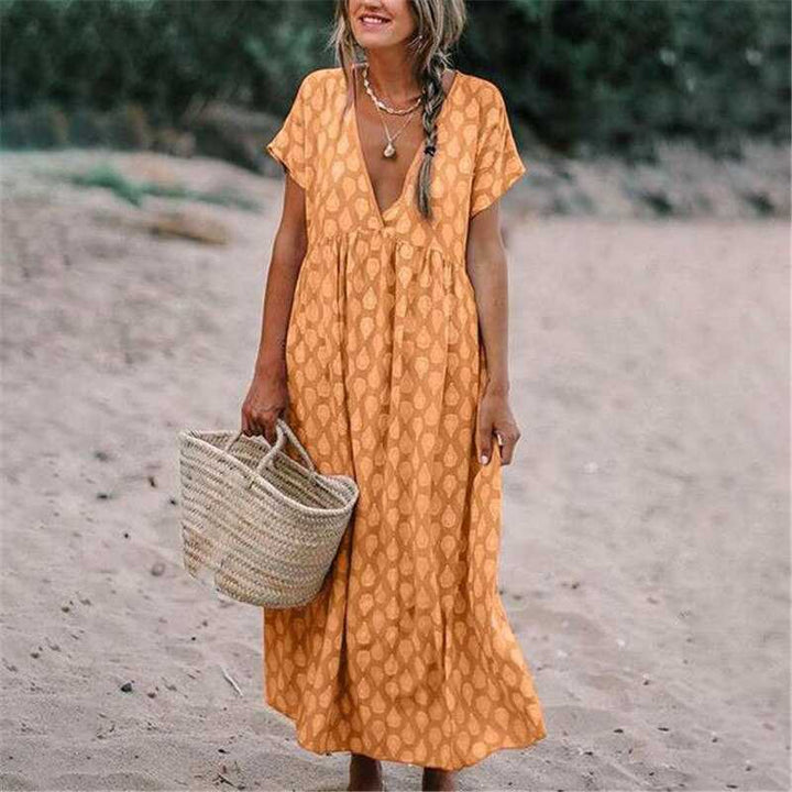 Women’s Maxi Dress - Natural Fibers - Relaxed Fit - V-Neck - Short Sleeve Flowing Silhouette
