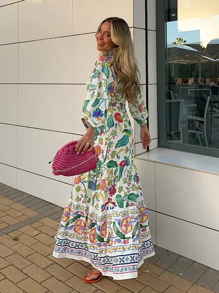 Women's Maxi Dress - V-Neck Twist Front - Long Puff Sleeves - Floral Bohemian Style