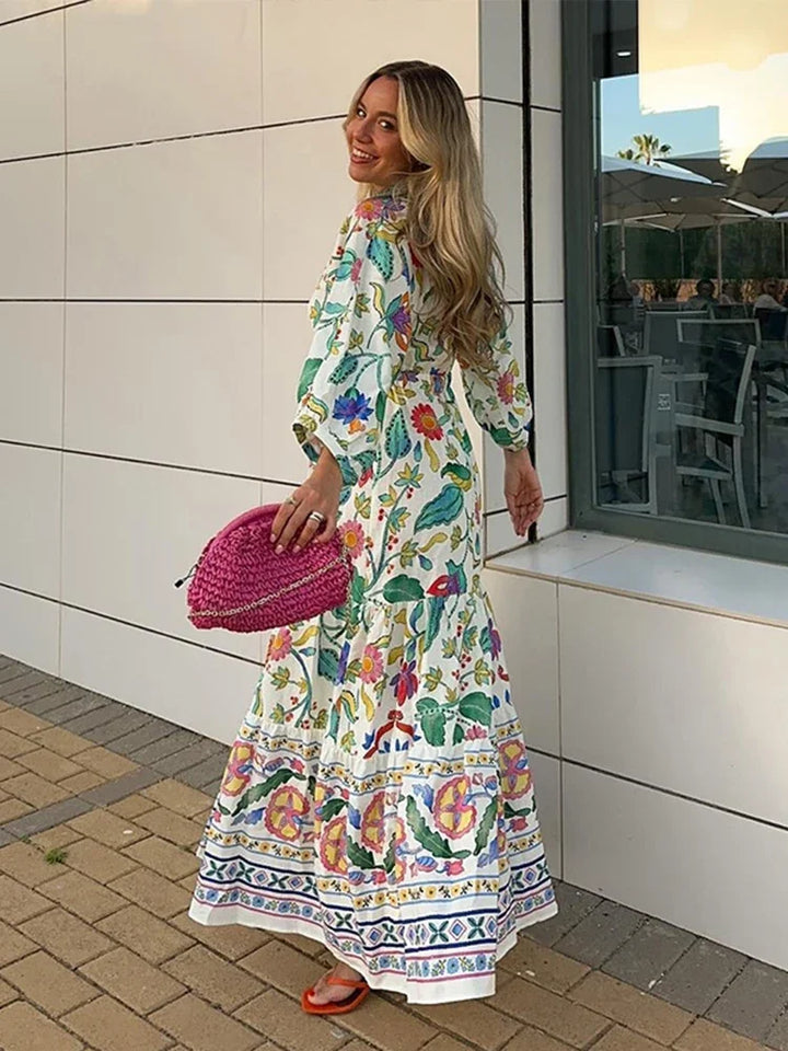 Women's Maxi Dress - V-Neck Twist Front - Long Puff Sleeves - Floral Bohemian Style