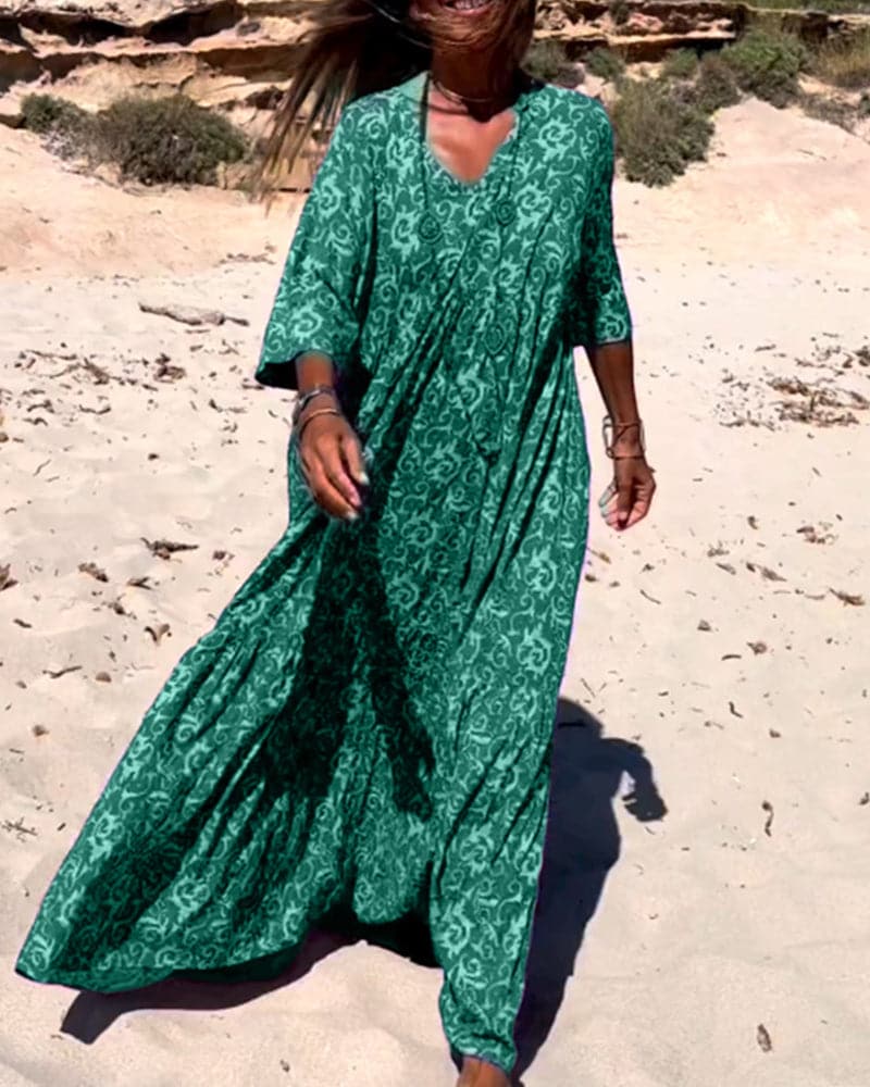 Women’s Maxi Dress – Loose Fit – Breathable Blend – V-Neck – Boho Style – Elbow Sleeve