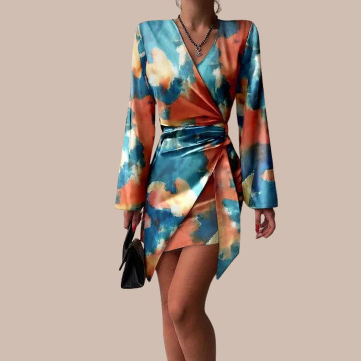 Women's Wrap Dress - V-Neck - Long Sleeve - Text Print - Elegant Fit