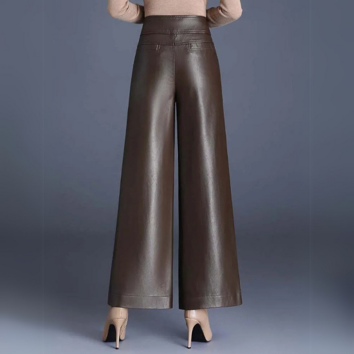 Women’s Leather Trousers - High Waist - Wide Leg - Relaxed Fit - Full Length