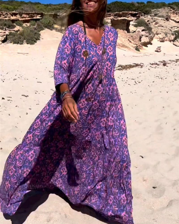 Women’s Maxi Dress – Loose Fit – Breathable Blend – V-Neck – Boho Style – Elbow Sleeve