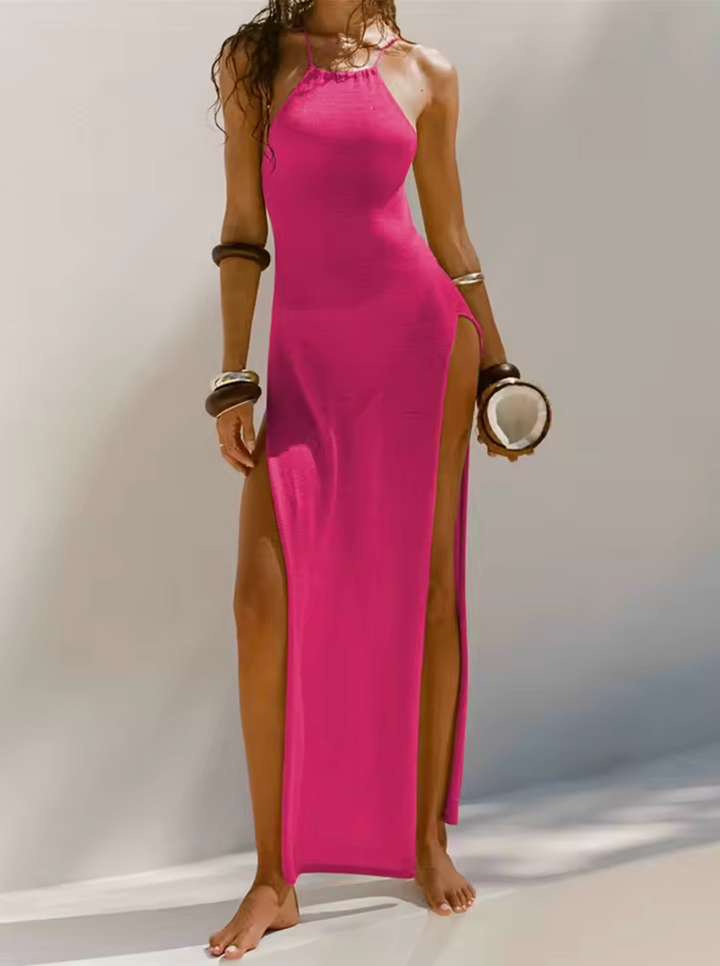Women's Halter Maxi Dress - Sleeveless Fitted Silhouette - High Side Slits Elegant Wear