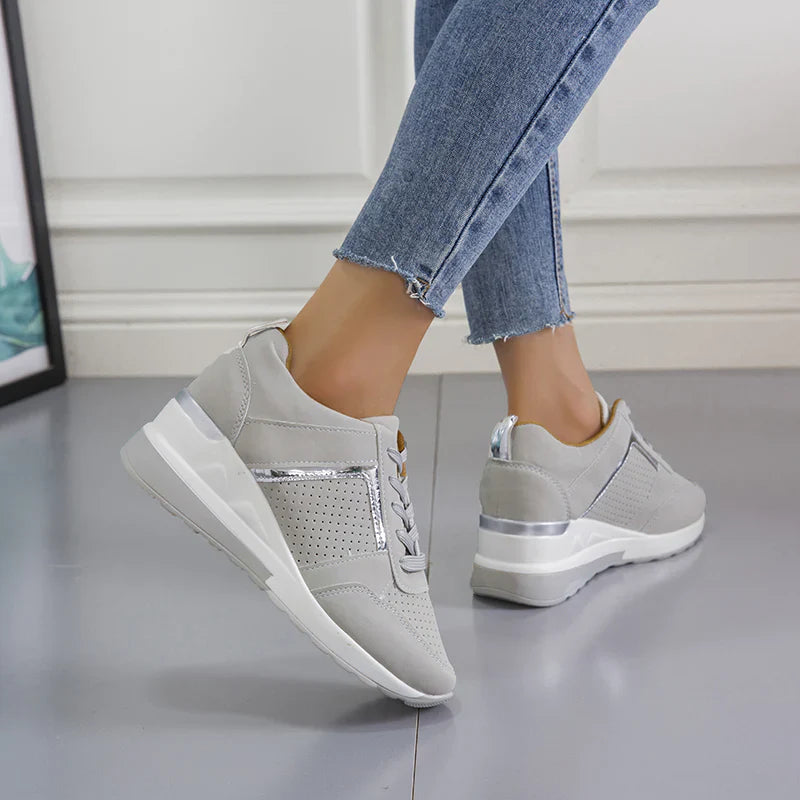 Women’s Wedge Sneakers – Perforated Detailing – Lace-Up – Platform Sole – Casual Comfort