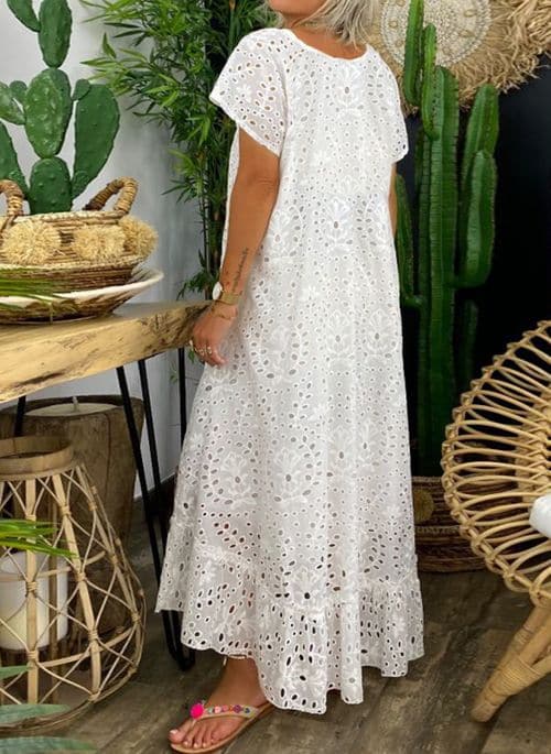 Women’s Maxi Dress – Natural Fibers – Relaxed Fit – Eyelet Embroidery – Flowy Silhouette