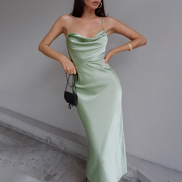 Women's Satin Slip Dress - Midi Length - Cowl Neck - Spaghetti Straps - Side Slit
