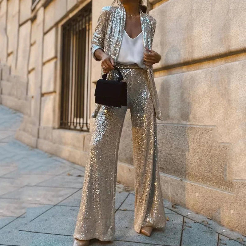 Women’s Two-Piece Set – Sequin Jacket – High-Waisted Wide-Leg Pants – Elegant Fit
