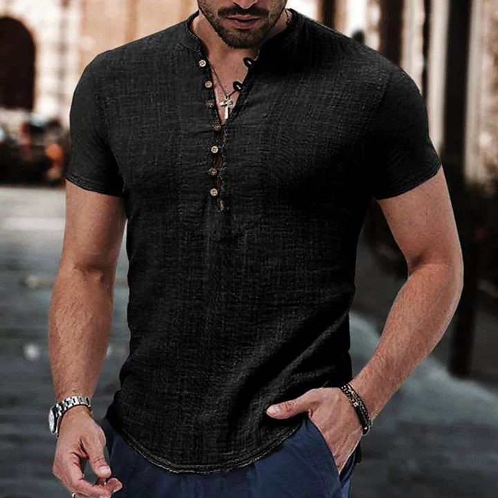 Men’s Short Sleeve Shirt – Slim Fit – Breathable Blend – Button Neck Casual Style